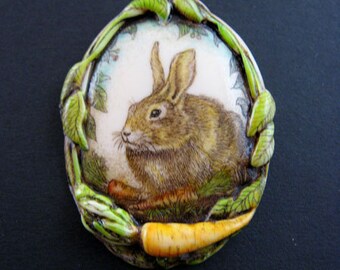 bunny rabbit carrot scrimshaw technique pin brooch