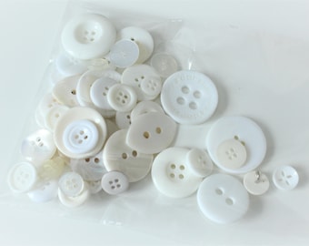 Mixed pack of 50 white buttons, various buttons, pack of buttons, white buttons, sewing notions, 50 white buttons,