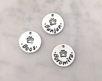 Inspirational, Tiny custom sterling silver name charm with paw print center design, hand stamped personalized charm, custom pet's name