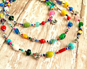 long beaded necklace, boho jewelry, rainbow jewelry, hippie necklace, gift for her