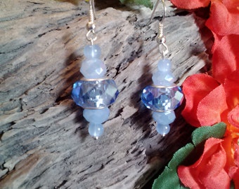 Perriwinkle Blue Faceted Crystal Lampworks Earrings with Light Blue Faceted Frosted Crystals and Silver Hardware