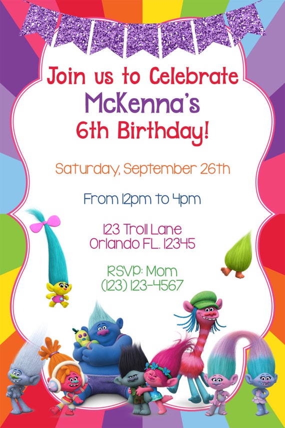 Trolls Invitation Trolls birthday Troll invites Dreamworks
