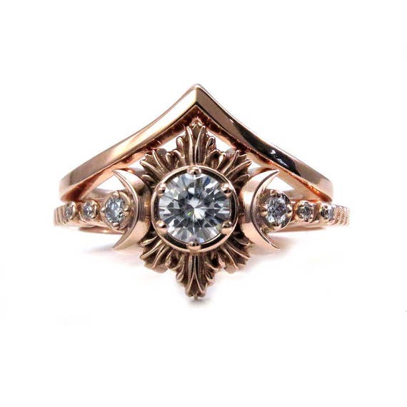 Moon Goddess Engagement Ring Set - Rose Gold with Diamond or Moissanite Center Stone - Chevron Wedding Band