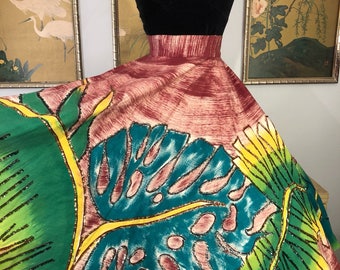 1950s Hand Painted and Sequined Mexican Circle Skirt by Maya de Mexico -- Vibrant Tropical Leaf Design with Sparkling Embellishments