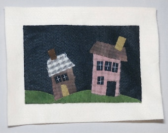Two houses on a hill, wool applique