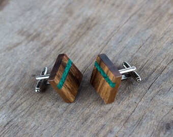 gift for men, WOODEN CUFFLINKS, Wedding Cufflinks, Groom Cufflinks, groomsmen cufflinks, Square WALNUT with Malachite inlay
