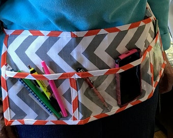 Utility Apron // Teacher Apron // Clear Pocket Apron // Craft Apron //Teacher Gift // Gift Idea // Under 20 // Orange Grey ChEvRoN Gift idea