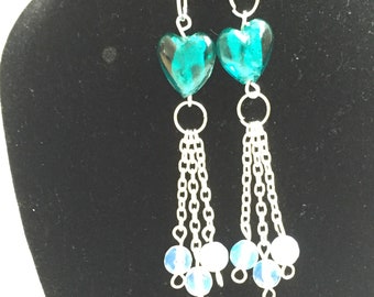Glass heart and moonstone earrings