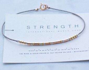 Strength Bracelet | Strong Morse Code Bracelet | 14k Gold Filled Silver | String Bracelet • Friendship Gift • Faith Persist / Best Friend