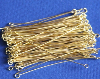100 pcs of Gold Plated Brass Eye Pin - 2 inch long - 24 gauge