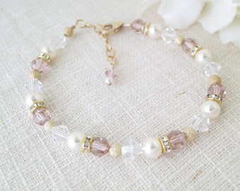 Blush pink wedding, Simple pink crystal bracelet, Swarovski crystal bridal bracelet, Crystal and pearl bracelet, Bridesmaid bracelet