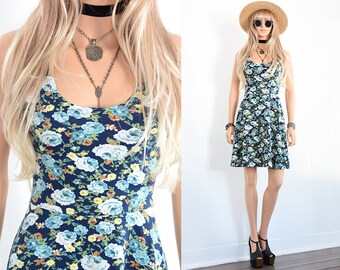 90s Floral Dress 90s Grunge Dress Floral Mini Dress Fit and Flare Dress 90s Dress Floral Dress Vintage 90s Clothing Vintage Floral Dress XS