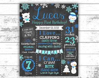 Boy's Winter Onederland Chalkboard - Snowflakes - Winter Theme Birthday - Boy's First Birthday Chalkboard - Snowman - Blue, teal, white