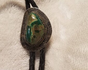 Bolo Sterling Silver Dark Green and Red Turquoise Stone with Braided 48" inch Leather Strands