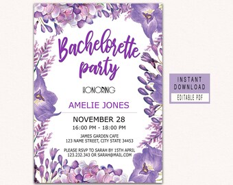 Purple Bachelorette party invitations instant download, bachelorette invites, editable bachelorette invitation, printable watercolor floral