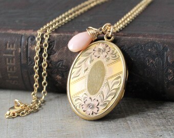 Gold Oval Locket, Rose Gold Photo Locket Necklace, Push Present, October Birthstone Locket Gift for Her, Pink Opal Locket, Large Gold Locket
