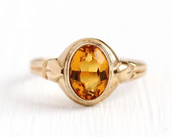Sale - Vintage Baby Ring - Art Deco 10k Rosy Yellow Gold Children's Simulated Citrine - Sz 3 1930 Baby Orange Glass Fine Jewelry Signed BDA