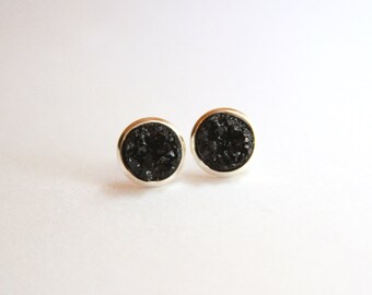 Solid Black Chunky Glitter Faux Druzy Earrings - Studs/Posts 10mm MEDIUM (D102) - Gifts for Her, Teens, Under 20, Under 10, Stocking Stuffer