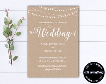 Kraft wedding Invitation Template - String Lights Rustic Wedding Template - Instant Download Printable Invitation - Kraft Wedding Invite PDF