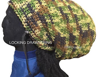 Ready to Ship - Camo Drawstring Beanie for Dreadlocks, Locs, Long Hair, Dread Tam, Large Hat, Taupe, Brown, Rasta, big head size