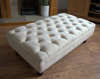 Chesterfield Deep Buttoned Footstool in Casino Crush Beige With Turned Wood Legs