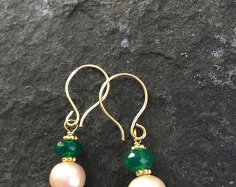 Green Onyx and Creme Pearl Dangles \\ Boho Jewelry \\Onyx Earrings \\Sundance Style \\ Pearl Earrings \\Dainty Earrings \\