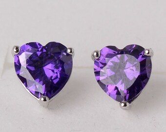 Simulated Amethyst Heart Stud Earrings Sterling Silver