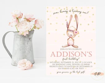 Bunny Birthday Invitation - First Birthday Invitation Girl - Boho Birthday Invitation - Woodland Birthday - Bunny Baby Shower Invitation
