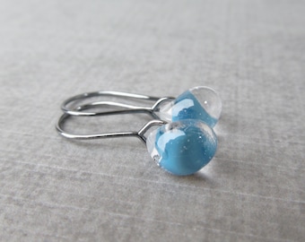 Celestial Blue Drop Earrings Oxidized Silver, Blue Earrings, Small Dangles Blue Glass, Sterling Silver Oxidized Earrings, Glass Drop Dangles