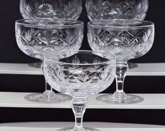 Thomas Webb Crystal Champagne Glass Thumbprint in a Circle and Fan Signed; 1950-1966; Rare