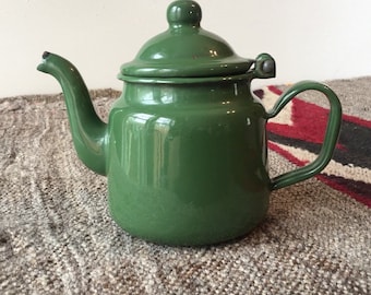 ENAMEL TEAPOT // Vintage Olive Green Enamelware One Cup Teapot