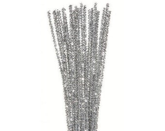 35, 3mm, Silver Tinsel Stems, Pipe Cleaners, 12" Long