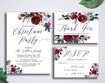 Christmas Invitation suite, Winter Printable Invite Suite, Holiday Invites Set, Watercolor floral wreath