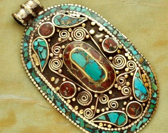 Tibetan Handcrafted Turquoise Coral White Metal Focal Bead