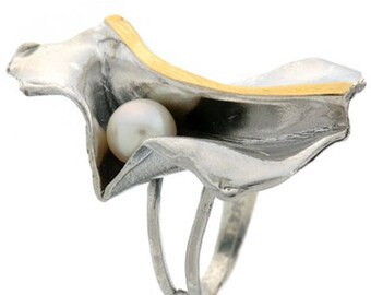 Silver and Gold ring, Pearl Ring, Womens silver ring, Unique silver ring, handmade