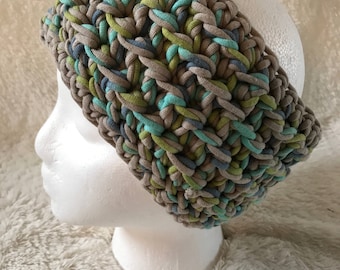 The Nylon Headband | Crochet Ear Warmer with Gray, Blue, Turquoise and Green Nylon Yarn | Soft, Warm, Stretchy | Women or Teen | Adult Size