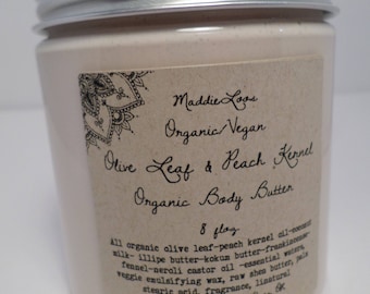 FREE SHIPPING/ORGANIC/Vegan-Olive Leaf & Peach Kernel Organic Body Butter-over 100 Unique Scents or Unscented- essential fatty acids-8oz.