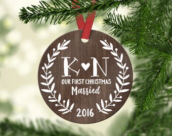 Wedding Gift for Couple First Christmas Ornament Married Personalized Wedding Ornament Wedding Christmas Ornament Wood Rustic Year Monogram