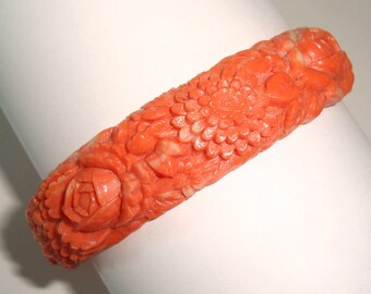 Vintage Carved Coral Celluloid Bangle Bracelet