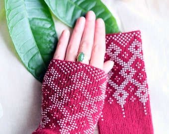 wrist warmers, mittens, beaded wrist warmers, wristers, fingerless gloves, gloves, hand knitted, gloves, mittens, knitted wrist warmers,