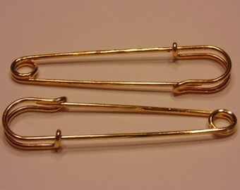 2 large gold color safety pins, 2 1/2 inch