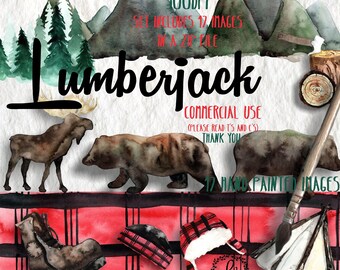 LumberJack Digital Clipart | Wood Moose Bear Plaid Camping Forest Tree Deer Ax | Watercolor | Personal & Commercial Use | PNG Images