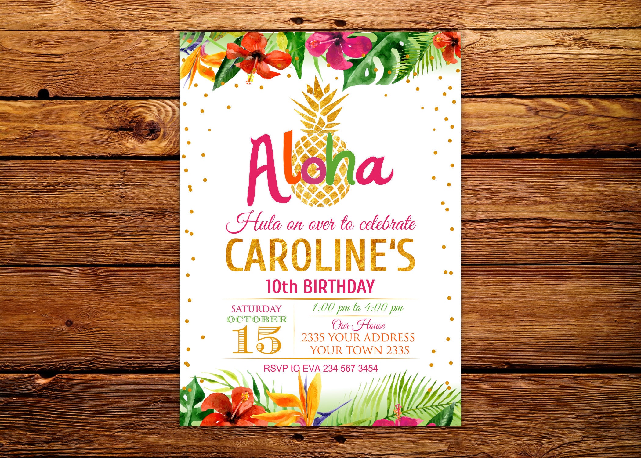 Invitación de cumpleaños de piña. Aloha invitación. Invitación