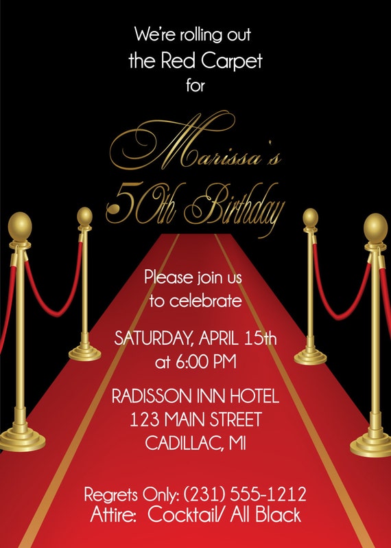 Adult Red Carpet Theme Invitation 40th Birthday or Any Age