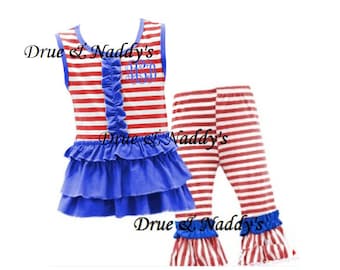 Patriotic Stripes Red White Blue Ruffle 4th of July Girl Toddler Outfit