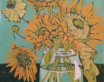 Sunflower Blooms, original woodblock print
