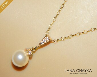 Ivory Pearl Gold Bridal Necklace Single Pearl Gold Necklace Swarovski 8mm Small Pearl Gold Necklace Wedding Pearl Drop Necklace Bridal Pearl