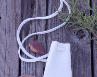 White medicine bag , Deerskin neck pouch , White leather necklace bag