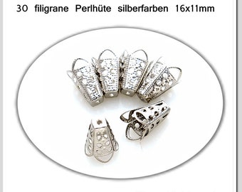 30 Pearl Caps Perlhüte silver, bronze or gold filigree 16 x 11 mm