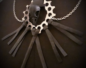 Upcycled Necklace with black crow skull